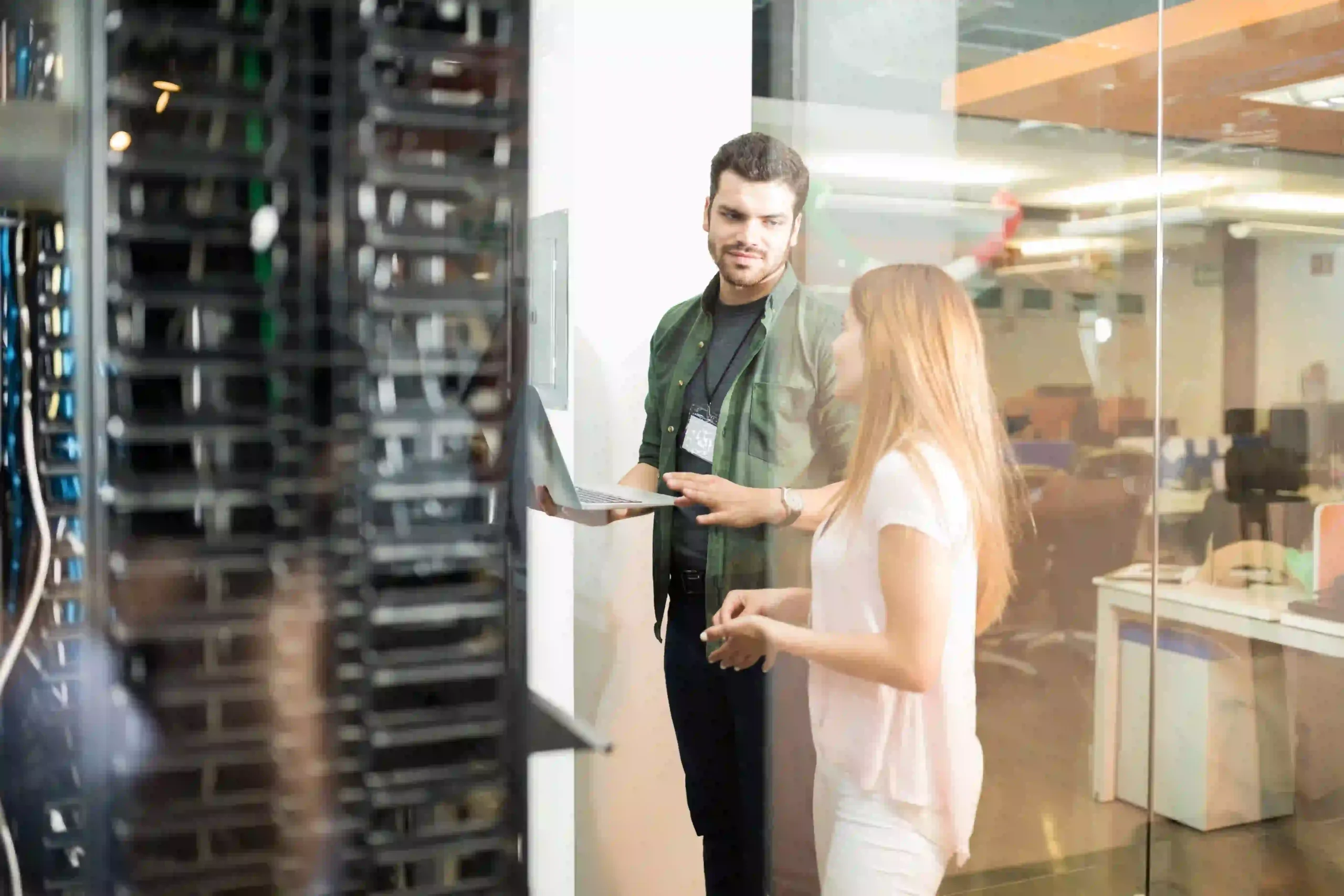 IT network management with servers, data flow, and monitoring screens for enterprise infrastructure.